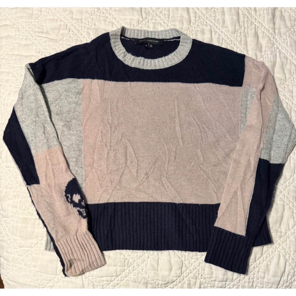 Skull Cashmere Sweater Womens XS Navy Pink Grey Colorblock Skull Graphic Knit